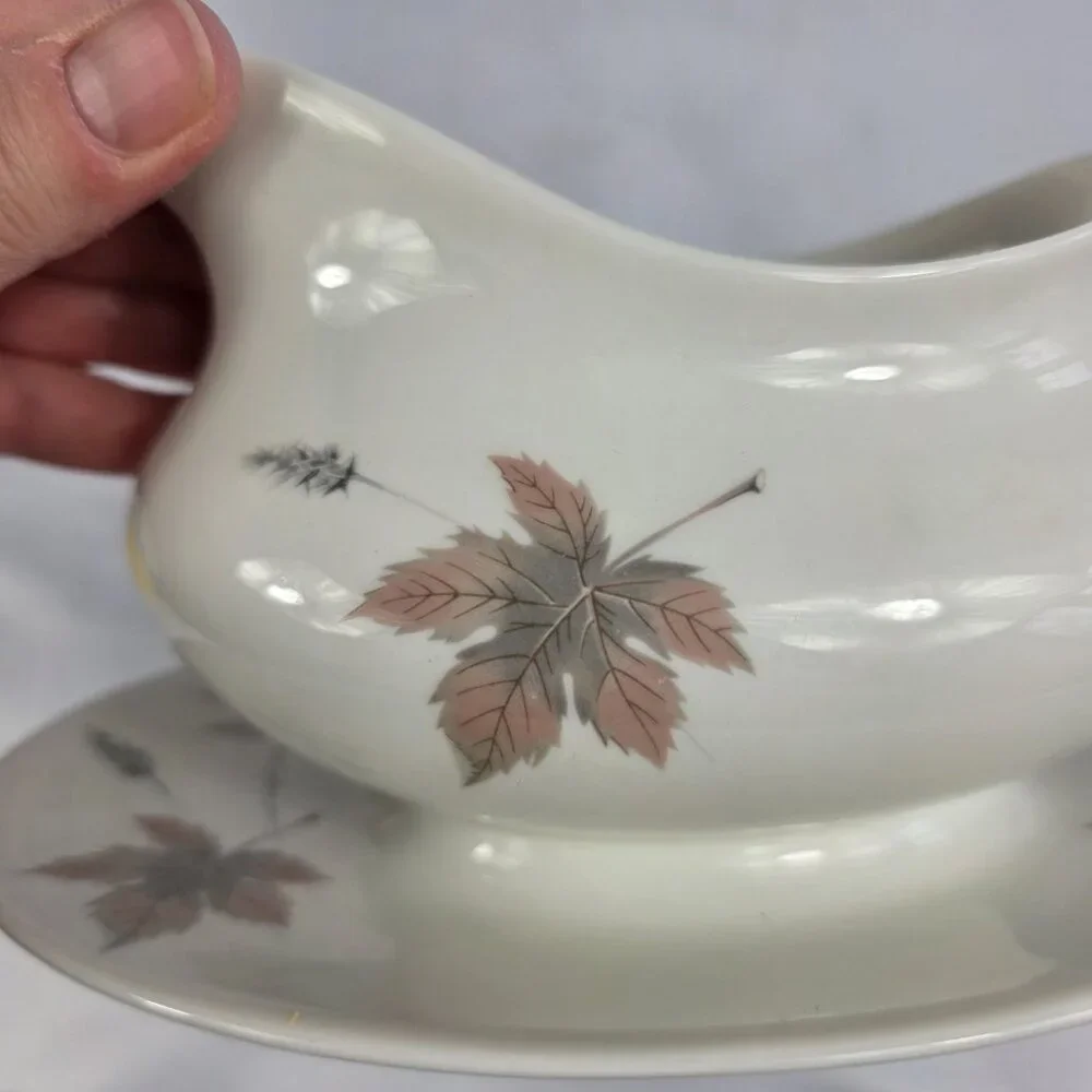 Royal Doulton Tumbling Leaves Gravy Boat & Underplate Gray & Pink Leaves